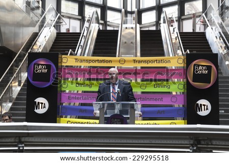 New York, NY - November 9, 2014: Thomas Prendergast speaks at opening ceremony of Fulton Center unveiled by Metropolitan Transit Authority during opening ceremony on Broadway in Manhattan