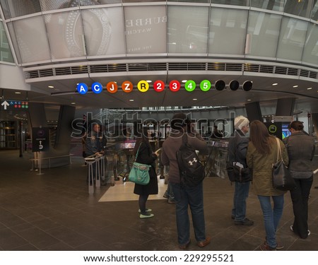 New York, NY - November 9, 2014: Atmosphere during opening ceremony of Fulton Center unveiled by Metropolitan Transit Authority during opening ceremony on Broadway in Manhattan