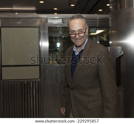 New York, NY - November 9, 2014: US Senator Charles \'Chuck\' Schumer attends opening ceremony Fulton Center unveiled by Metropolitan Transit Authority during opening ceremony on Broadway in Manhattan