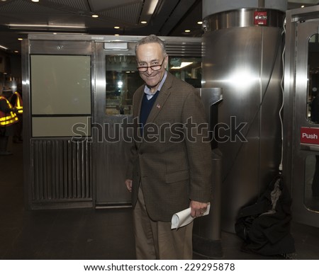 New York, NY - November 9, 2014: US Senator Charles \'Chuck\' Schumer attends opening ceremony Fulton Center unveiled by Metropolitan Transit Authority during opening ceremony on Broadway in Manhattan