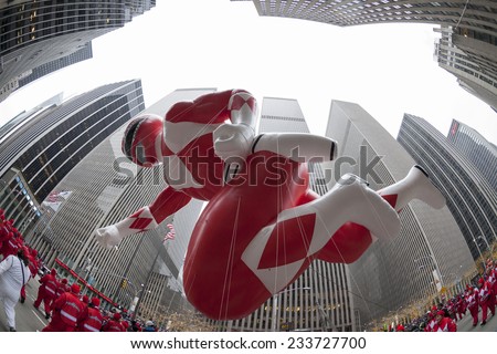 New York, NY USA - November 27, 2014: Red MIghty Morphin Power Ranger balloon is flown at the 88th Annual Macy\'s Thanksgiving Day Parade along 6th avenue