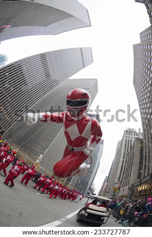 New York, NY USA - November 27, 2014: Red MIghty Morphin Power Ranger balloon is flown at the 88th Annual Macy\'s Thanksgiving Day Parade along 6th avenue