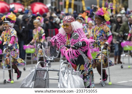 New York, NY USA - November 27, 2014: Grandmothers walk with walkers at the 88th Annual Macy\'s Thanksgiving Day Parade along 6th Avenue