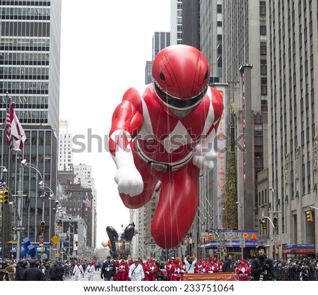 New York, NY USA - November 27, 2014: Red Mighty Morphin Power Ranger balloon is flown at the 88th Annual Macy\'s Thanksgiving Day Parade along 6th Avenue