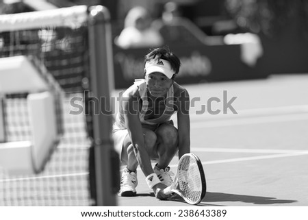 NEW YORK, NY - AUGUST 25: Kimiko Date-Krumm of Japan reacts during 1st round match against Venus Williams of USA at US Open tennis tournament in Flushing Meadows USTA Tennis Center 2014