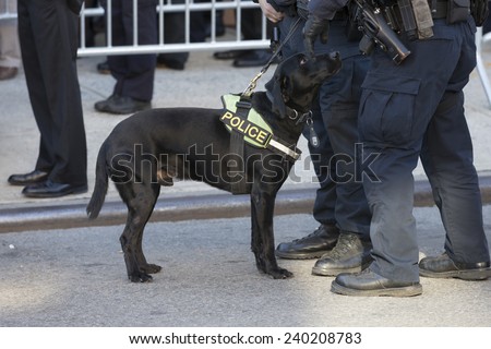 NEW YORK, NY - DECEMBER 27, 2014: Dog from police canine unit outside of Christ Tabernacle Church for the funeral of slain New York City Police Officer Rafael Ramos