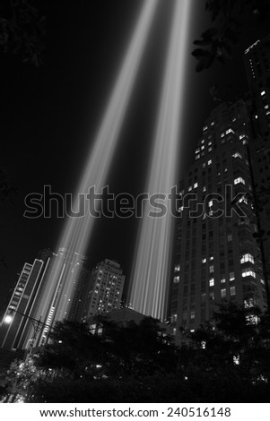 NEW YORK, NY USA - SEPTEMBER 11, 2014: Light tribute to World Trade Center 911 tragedy in downtown Manhattan