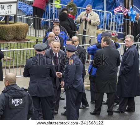 Brooklyn, NY - January 04, 2015: US Senator Chuck Schumer attends ceremony at Aievoli Funeral Home for the funeral of slain New York City Police Officer Wenjian Liu