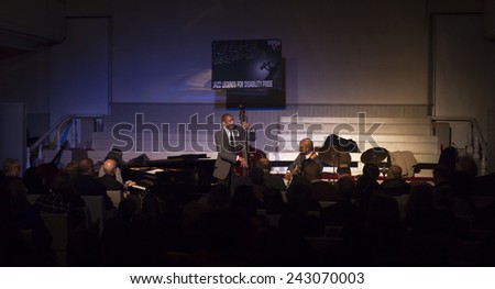New York, NY - January 08, 2015: Ron Carter, Renee Rosnes, Russell Malone play at Jazz Legends for Disability Pride concert at Quaker Friends Meeting House in Manhattan