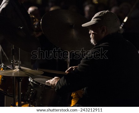 New York, NY - January 08, 2015: Jimmy Cobb plays as part of Benny Golson quartet at Jazz Legends for Disability Pride concert at Quaker Friends Meeting House in Manhattan