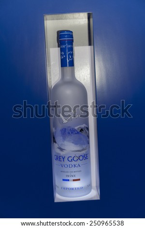 NEW YORK, NY - FEBRUARY 08, 2015: Bottles of Grey Goose vodka on display at the GREY GOOSE and Stadiumred New York VIP Grammy Awards Party at Liberty Theater