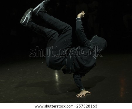 New York, NY - February 25, 2015: Dancer Junior Jiggz performs hip-hop dance at the Vashtie x Puma Fashion Show And Launch Party at Webster Hall