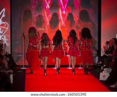 New York, NY - February 12, 2015: Fifth Harmony in BCBG Generation walk runway for Heart Truth Red Dress Collection 2015 fashion show as part of Fall 2015 Mercedez-Benz Fashion Week at Lincoln Center