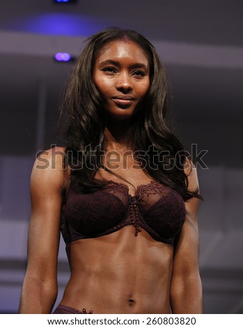 New York, NY - February 23, 2015: Model walks runway at Lingerie Fashion Night for Empreinte design as part of Curvexpo New York in Studio 05