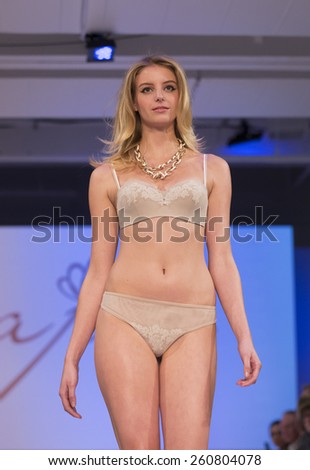 New York, NY - February 23, 2015: Model walks runway at Lingerie Fashion Night for Ajour brands design as part of Curvexpo New York in Studio 05