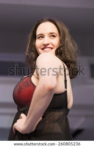 New York, NY - February 23, 2015: Model walks runway at Lingerie Fashion Night for Eveden brands design as part of Curvexpo New York in Studio 05