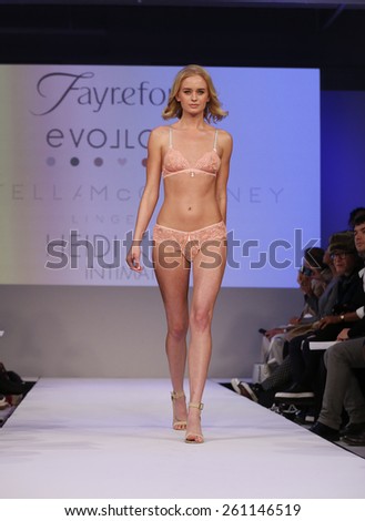 New York, NY - February 23, 2015: Model walks runway at Lingerie Fashion Night for Bendon brands design as part of Curvexpo New York in Studio 05