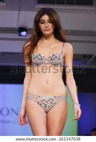New York, NY - February 23, 2015: Model walks runway at Lingerie Fashion Night for Maison Lejaby brands design as part of Curvexpo New York in Studio 05