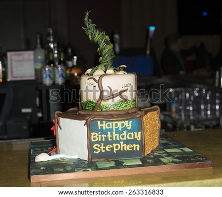 New York, NY - March 22, 2014: Birthday cake on display at A Musical Tribute to Stephen Sondheim at 42 West featured Into the Woods