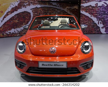 New York, NY - April 2, 2015: Exterior of Volkswagen Beetle Wave convertible car on display at New York International Auto Show at Javits Center