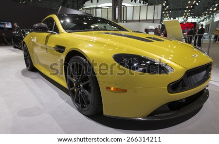 New York, NY - April 2, 2015: Exterior of Aston Martin Vantage S sport car on display at New York International Auto Show at Javits Center