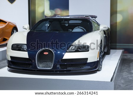 New York, NY - April 2, 2015: Exterior of Bugatti sport car on display at New York International Auto Show at Javits Center