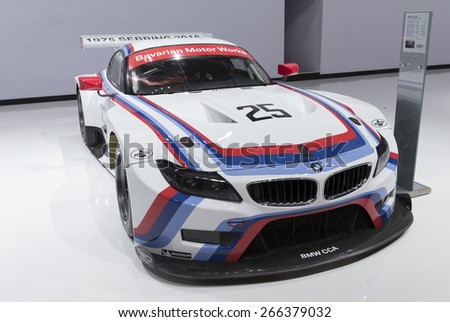 New York, NY - April 2, 2015: BMW sport car Z4 GTLM on display at New York International Auto Show at Javits Center