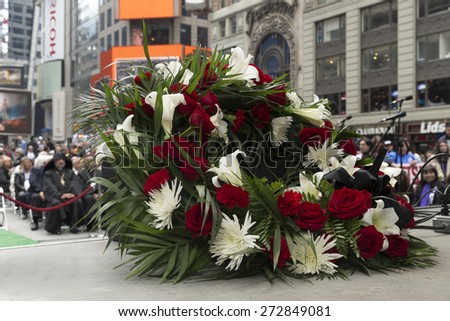 New York, NY - April 26, 2015: Wreath on the stage at rally in Manhattan Times Square to mark centennial of the deaths of 1.5 million Armenians under the Ottoman Empire in 1915