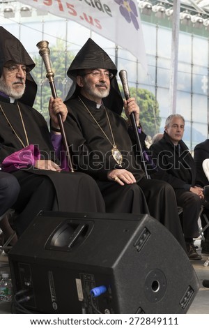 New York, NY - April 26, 2015: Archbishop Khajag Barsamian attends rally in Manhattan Times Square to mark centennial of the deaths of 1.5 million Armenians under the Ottoman Empire in 1915