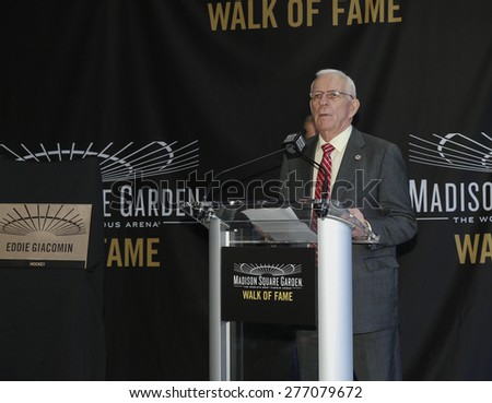New York, NY - May 11, 2015: Eddie Giacomin speaks at the Madison Square Garden 2015 Walk of Fame Inductions Ceremony at Madison Square Garden