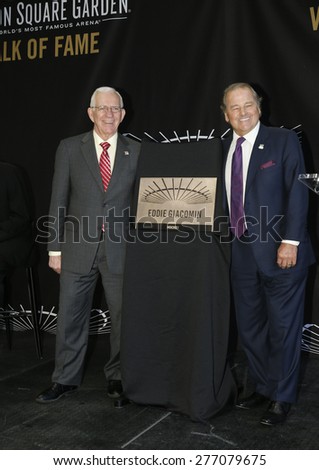 New York, NY - May 11, 2015: Rod Gilbert and Eddie Giacomin attend the Madison Square Garden 2015 Walk of Fame Inductions Ceremony at Madison Square Garden