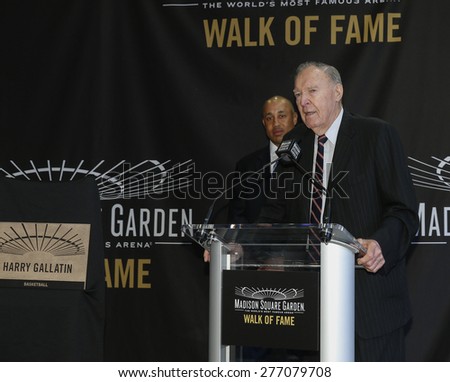 New York, NY - May 11, 2015: Harry Gallatin speaks at the Madison Square Garden 2015 Walk of Fame Inductions Ceremony at Madison Square Garden as John Starks listens