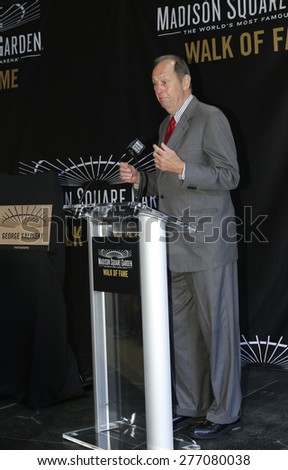 New York, NY - May 11, 2015: Bill Bradley makes an introduction of George Kalinsky at the Madison Square Garden 2015 Walk of Fame Inductions Ceremony at Madison Square Garden