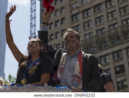 New York, NY USA - July 10, 2015:  Hope Solo and Governor Andrew Cuomo attend New York City Ticker Tape Parade For World Cup Champions U.S. Women Soccer National Team on Broadway