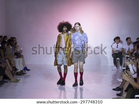 New York, NY USA - July 14, 2015: Model walks runway for Thaddeus O\'Neil show during Mens fashion week S/S 2016 at Skylight Clarkson Square