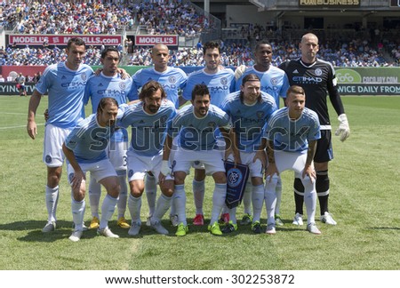 New York, NY - August 1, 2015: NYCFC team poses before game between New York City FC and Montreal Impact at Yankee Stadium