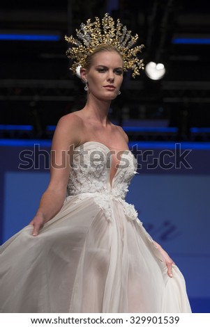 New York, NY - October 11, 2015: Model walks runway for Bridal Couture from Israel by Ester during New York bridal week at Pier 94