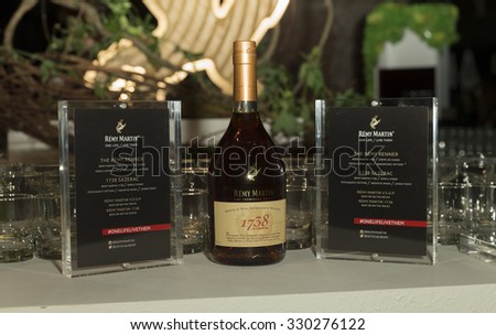 New York, NY - October 20, 2015: Bottle of Remy Martin on display at the The House Of Remy Martin One Life/Live Them Launch Event With Jeremy Renner at ArtBeam
