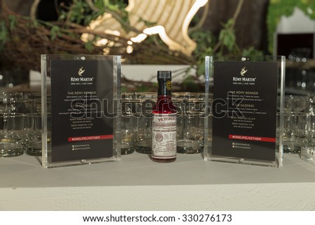 New York, NY - October 20, 2015: Bottle of Remy Martin on display at the The House Of Remy Martin One Life/Live Them Launch Event With Jeremy Renner at ArtBeam