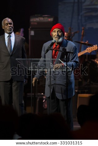 New York, NY - October 22, 2015: Danny Glover & Sonny Rollins on stage during Great NIght in Harlem fundraising concert for Jazz Foundation of America at Apollo theater