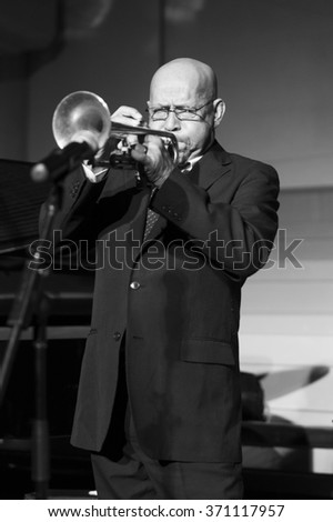 New York, NY - January 14, 2016: Eddie Henderson plays trumpet at charity concert Jazz Legends for Disability Pride during Winter Jazz festival at Quaker Friends Meeting Hall
