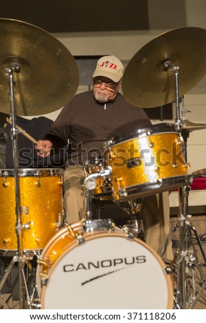 New York, NY - January 14, 2016: Jimmy Cobb plays drums at charity concert Jazz Legends for Disability Pride during Winter Jazz festival at Quaker Friends Meeting Hall