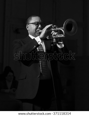 New York, NY - January 14, 2016: Wynton Marsalis plays trumpet at charity concert Jazz Legends for Disability Pride during Winter Jazz festival at Quaker Friends Meeting Hall