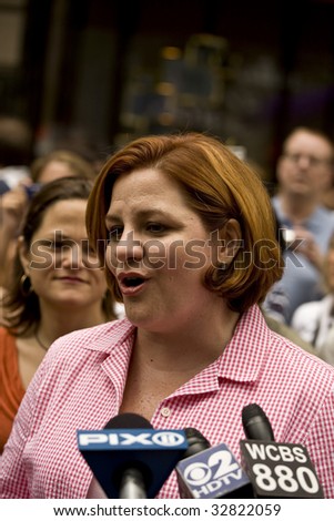 NEW YORK - JUNE 28: NYC council speaker Christine Quinn speaks at press conference at pride parade on June 28 2009 in New York City.