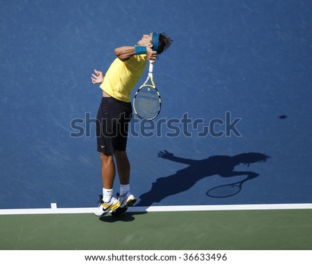 NEW YORK - SEPTEMBER 6: Rafael Nadal of Spain serves during match against Nicolas Almagro of Spain at US Open on September 6, 2009 in New York.