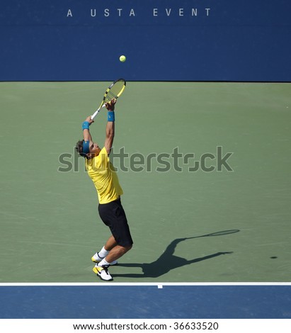 NEW YORK - SEPTEMBER 6: Rafael Nadal of Spain serves during match against Nicolas Almagro of Spain at US Open on September 6, 2009 in New York.
