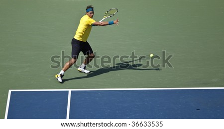 NEW YORK - SEPTEMBER 6: Rafael Nadal of Spain plays a shot during match against Nicolas Almagro of Spain at US Open on September 6, 2009 in New York.