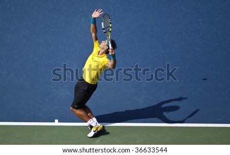 NEW YORK - SEPTEMBER 6: Rafael Nadal of Spain serves during match against Nicolas Almagro of Spain at US Open on September 6 2009, in New York.
