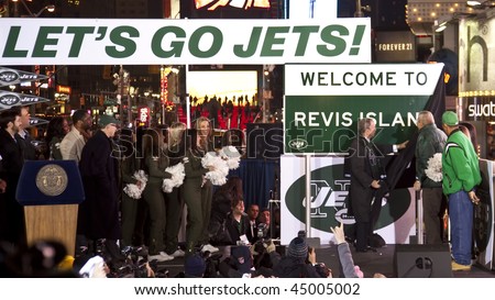 NEW YORK - JANUARY 21: Mayor Bloomberg unveils sign Revis Island at the New York Jets AFC Championship game pep rally in Times Square on January 21, 2010 in New York City.