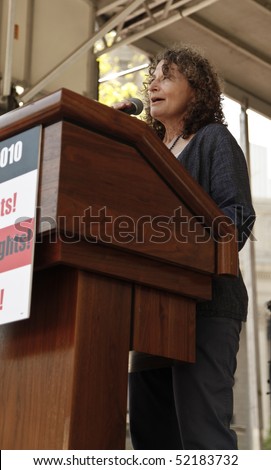 NEW YORK - MAY 1: Susan Herman president of ACLU speaks at rally at Foley Square against Arizona immigration law and in support of workers rights on May 1, 2010 in New York City